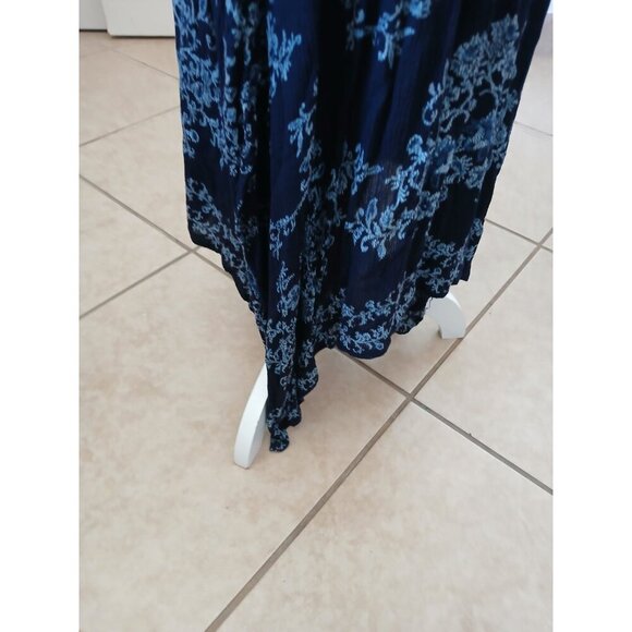 Bila Womens Maxi Dress L Blue Floral Smocked Split Neck Sleeveless Double Slit - Picture 6 of 16